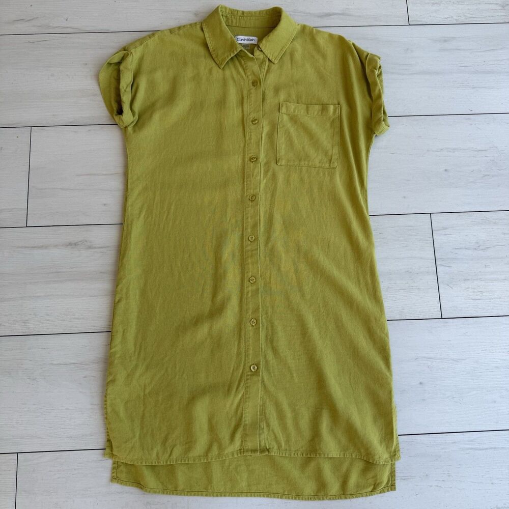 Calvin Klein Women’s 4 Celery Green Linen Blend Button Down Shirt Dress Casual